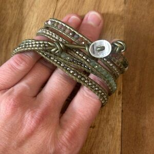 CHAN LUU Olive Wrap Bracelet with Silver Studs, Gemstones, and Textured Finish